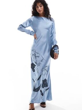 ASOS Light Blue Satin Maxi Dress with Black Floral Appliqué
